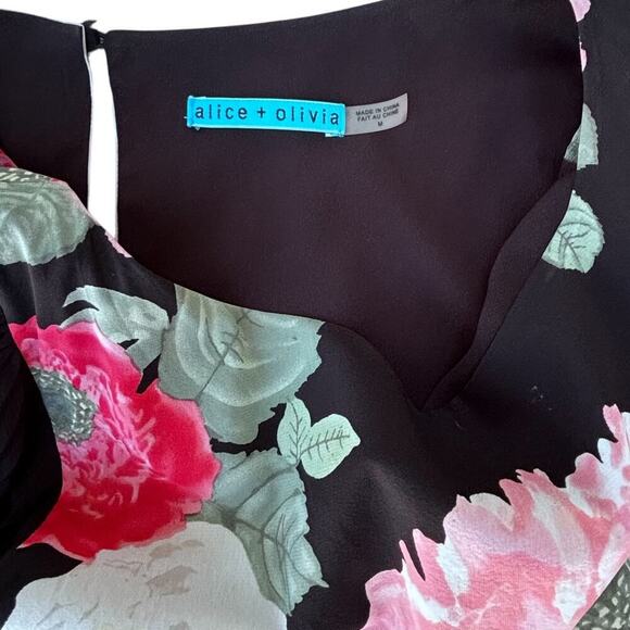 Alice + Olivia Floral Silk Blouse Size M Accordion Pleated Transparent Sleeves - Picture 4 of 5